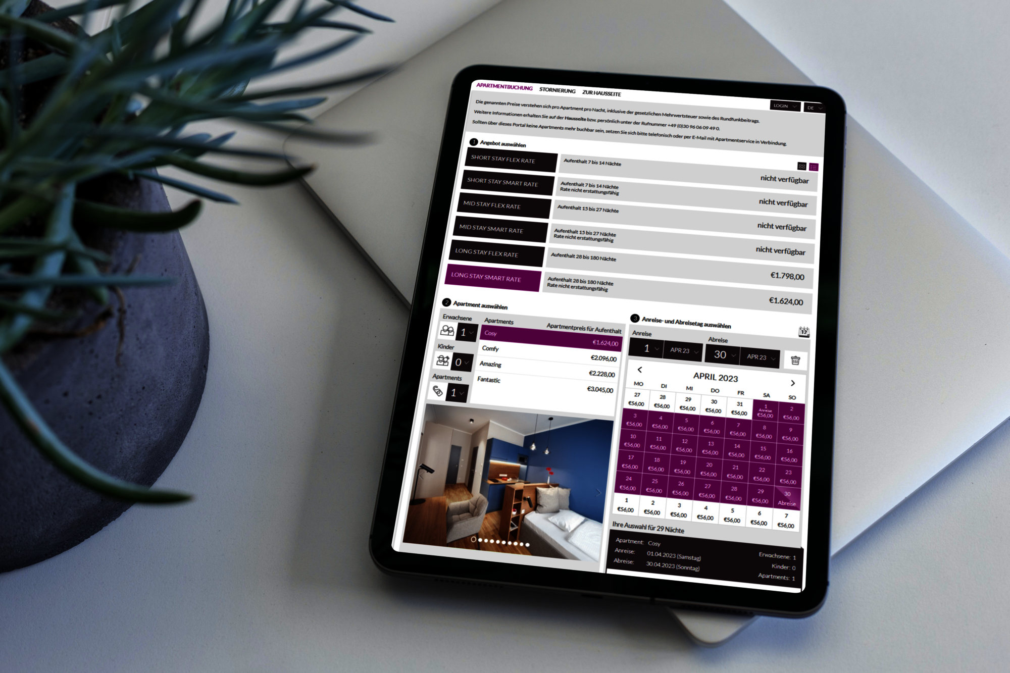 Screenshot der Onlinebuchbarkeit von Apartmentservice